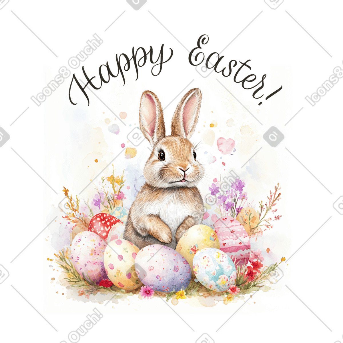 Easter postcard with cute bunny and eggs, Happy text, watercolor illustration in Postcards style download in PNG, SVG