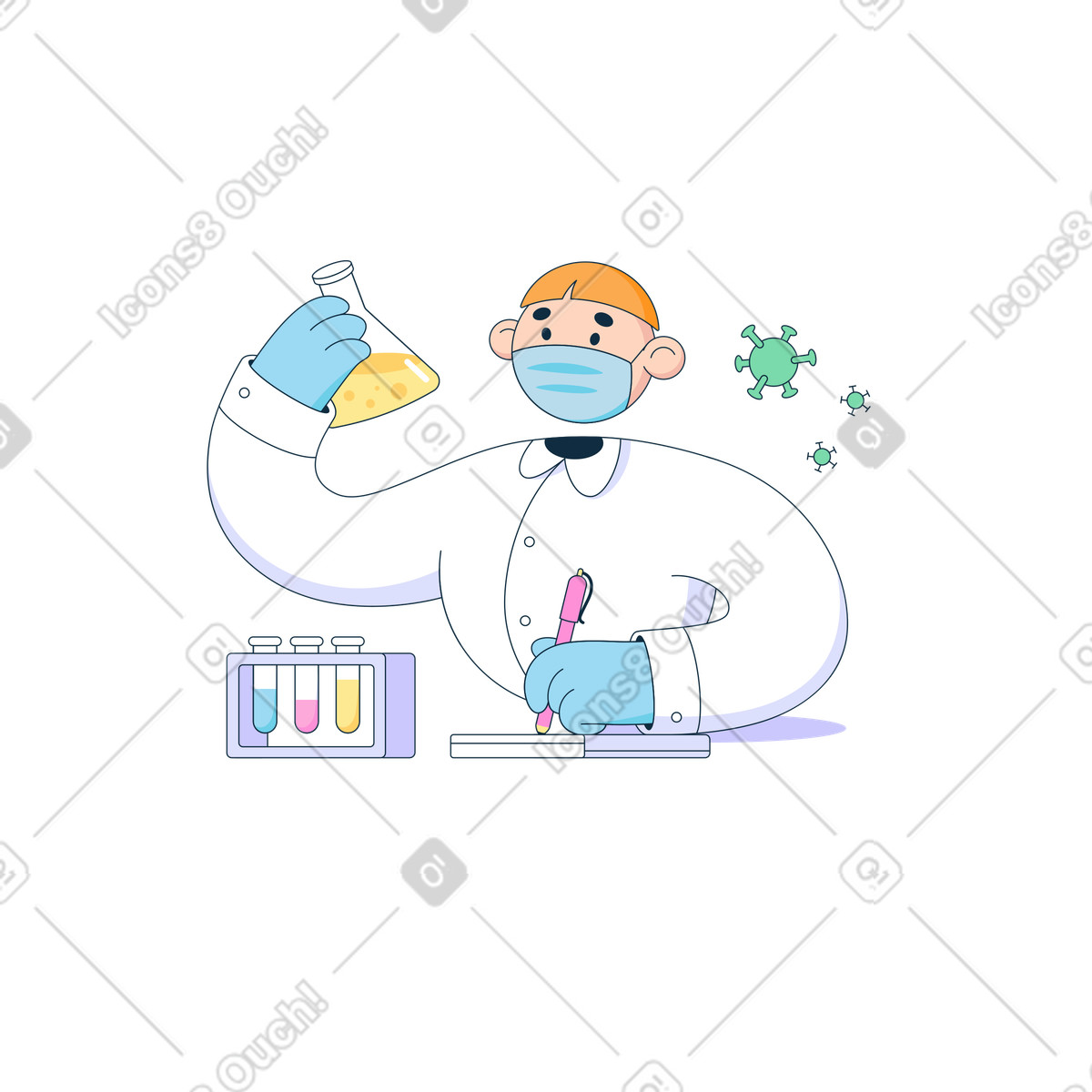 Lo scienziato con un pallone crea vaccino e registra i risultati illustrazione in stile Bubble gum scarica in PNG, SVG