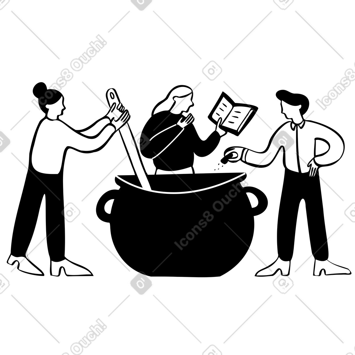 Ilustração de Pessoas em equipe cozinhando em um caldeirão em PNG e SVG