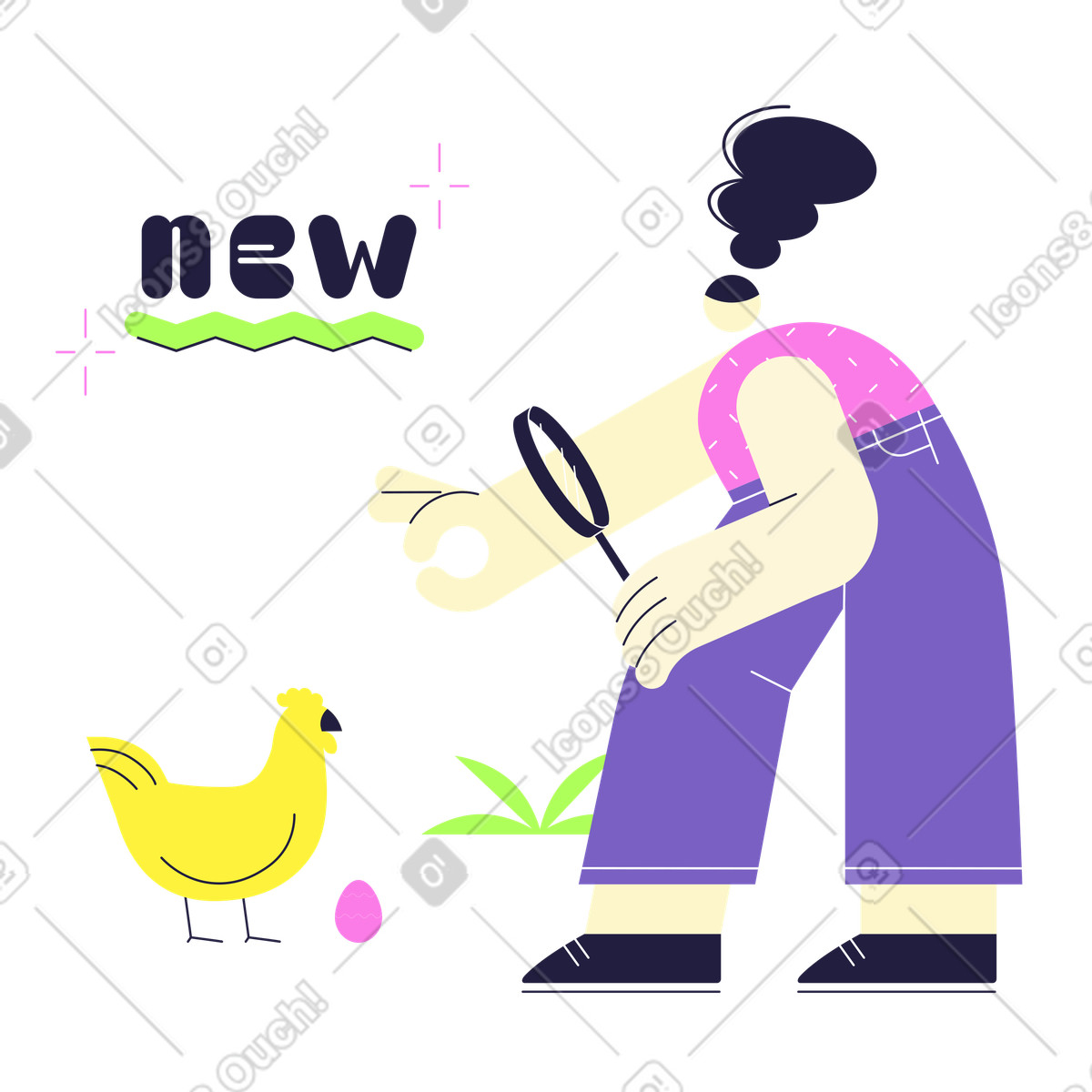 Mellow スタイルの 鶏肉の虫眼鏡を通して見ている女性との新しいテキスト のイラストをPNG、SVG形式でダウンロード
