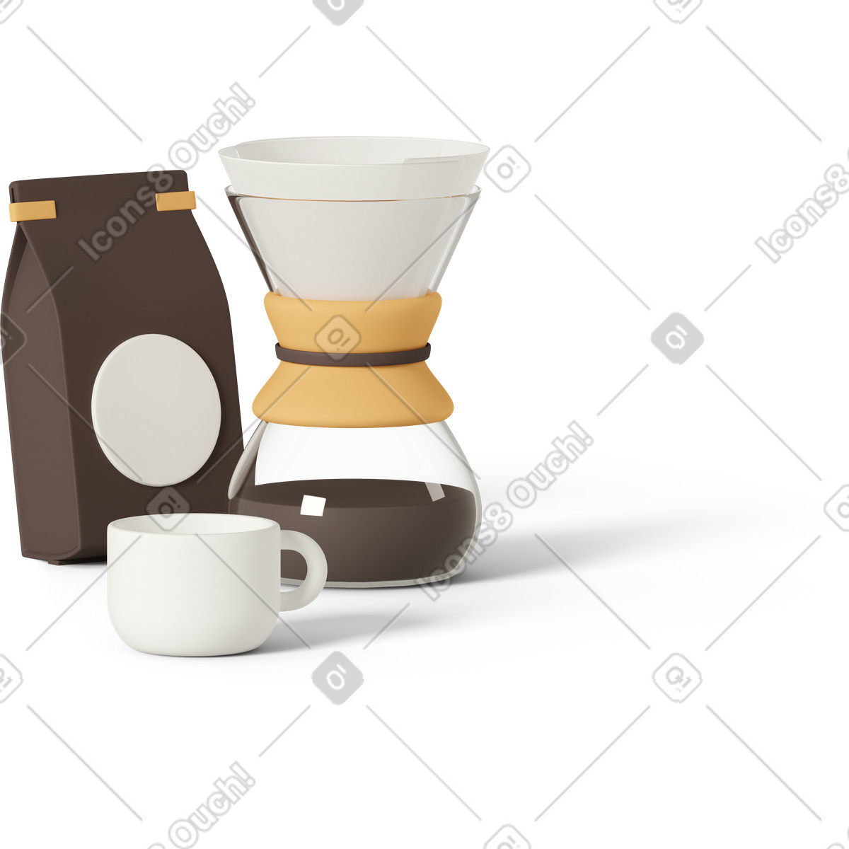 3D Casual life 스타일의 Chemex with coffee bag and cup 일러스트레이션 PNG, SVG 다운로드