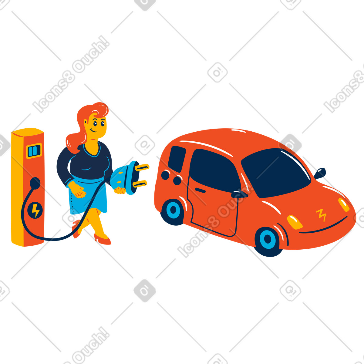 Female driver connecting plug to electric car, Eco driving and renewable energy illustrazione in stile Flame scarica in PNG, SVG