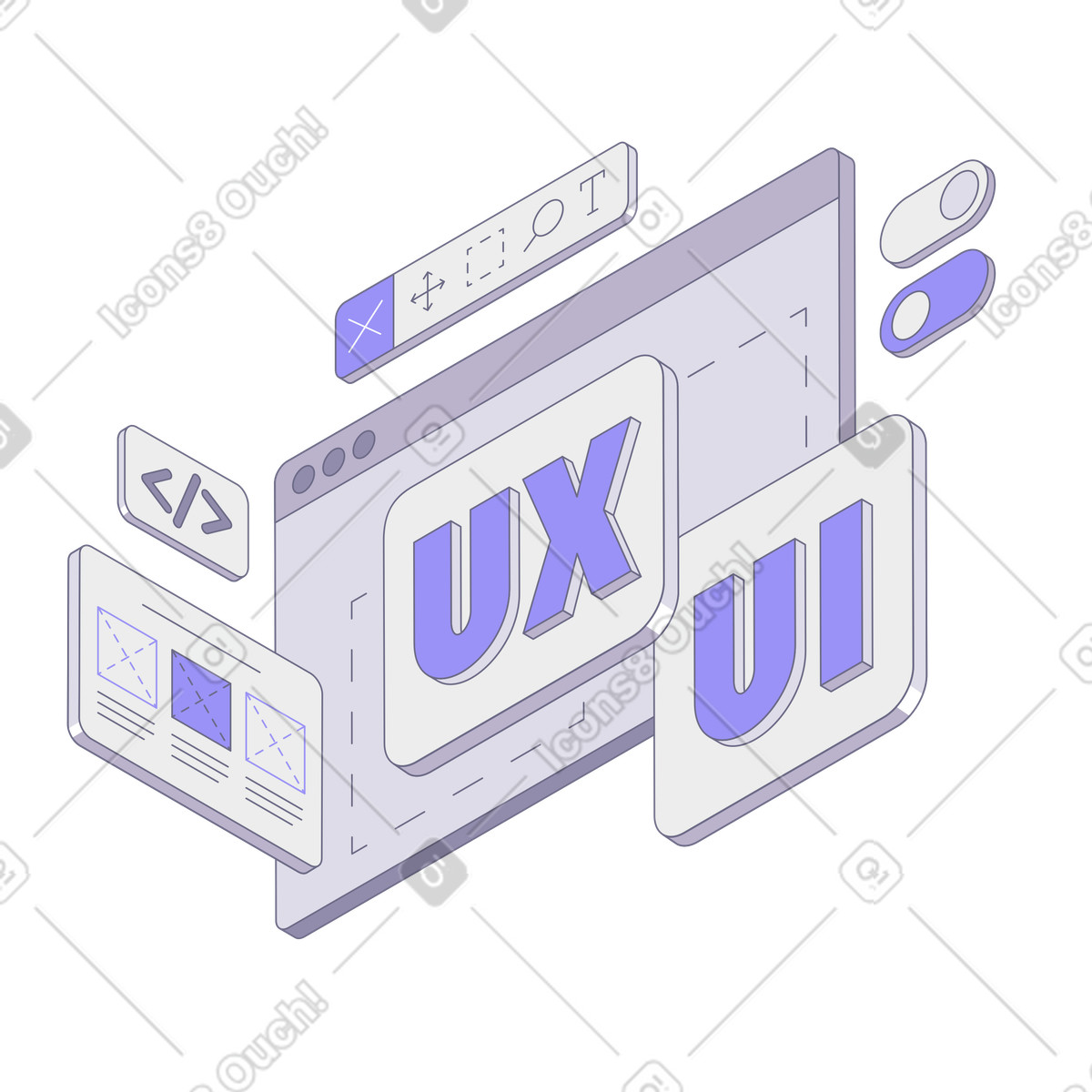 Modul 스타일의 Floating windows with UX and UI labels, User experience interface design 애니메이션 일러스트레이션 GIF, Lottie(JSON), AE로 다운로드