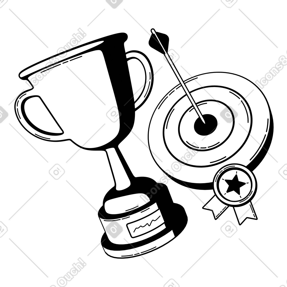 Trophy and bullseye with medal, business performance top results animated illustration in 3D Techny Line style download in GIF, Lottie (JSON), AE