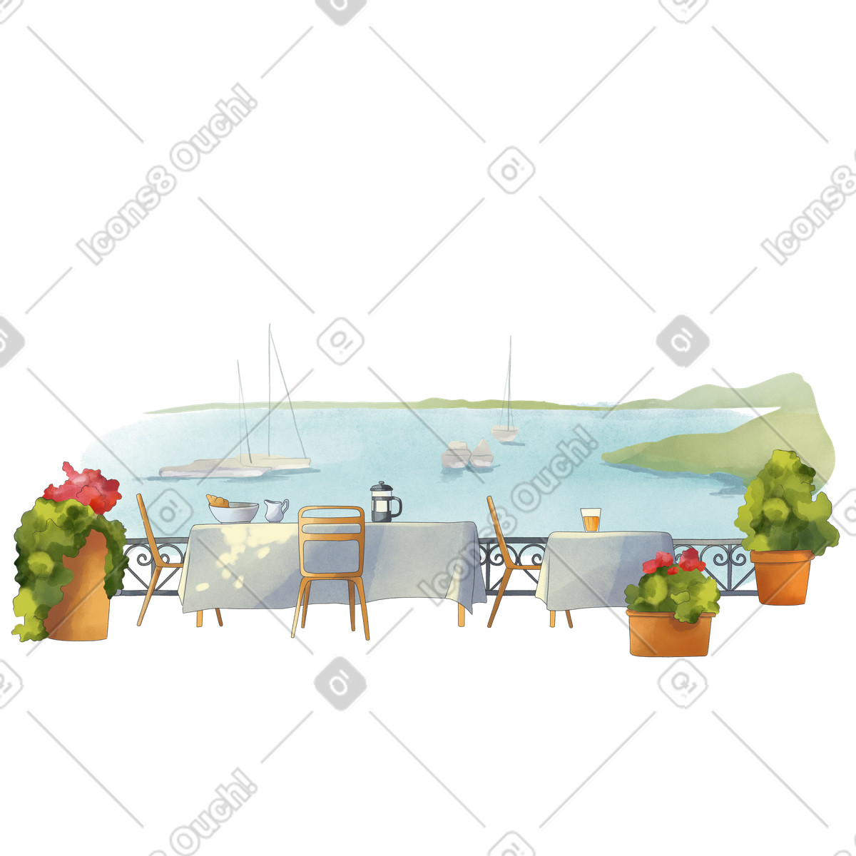 Open air cafe terrace overlooking the sea illustration in Seasons style download in PNG, SVG