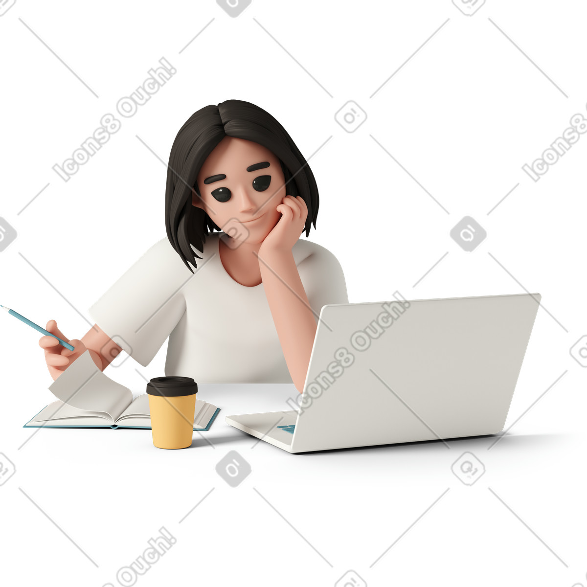 Young woman at work writing on a laptop illustration clipart in PNG SVG GIF