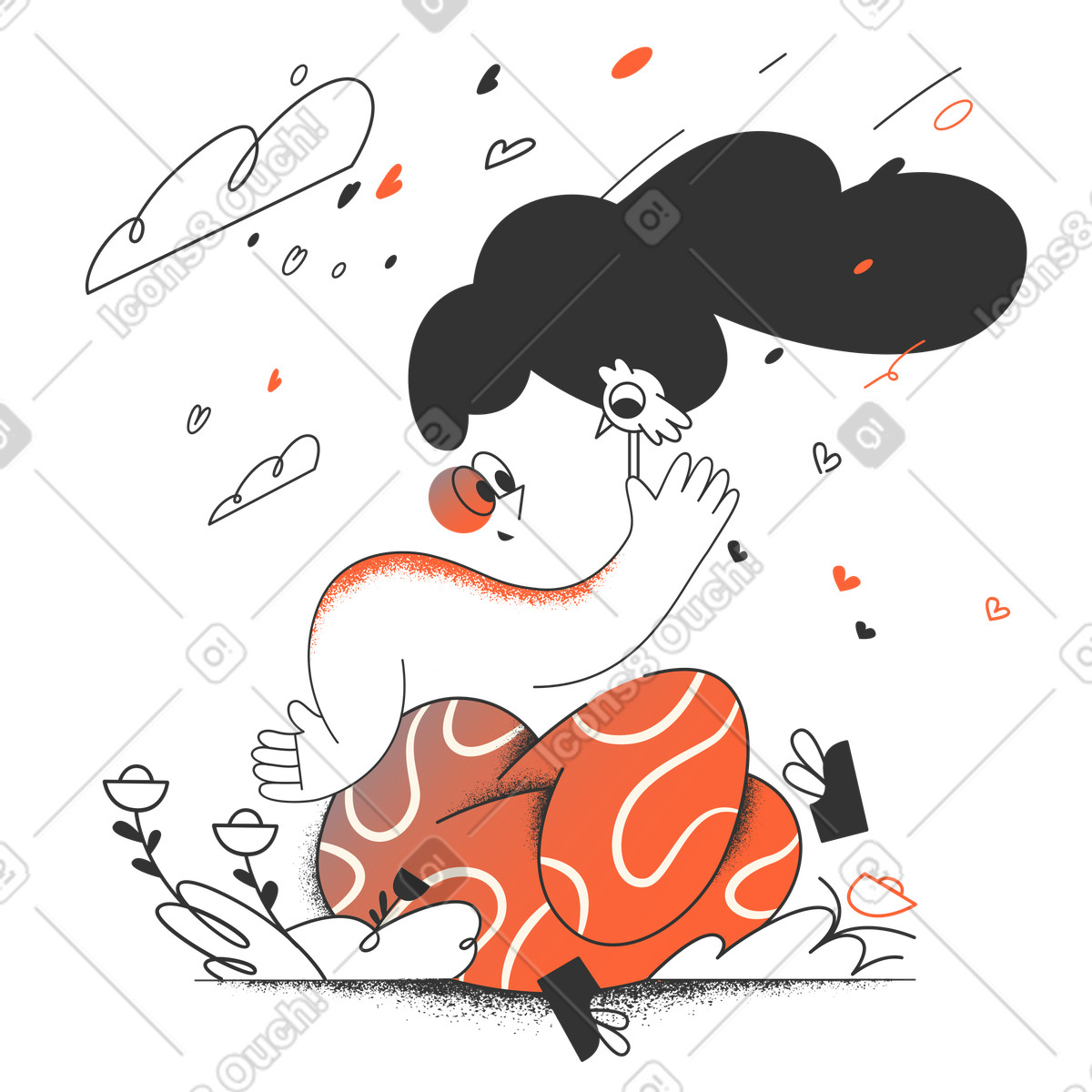 A bird sitting on woman's hand illustration in Crayon style download in PNG, SVG