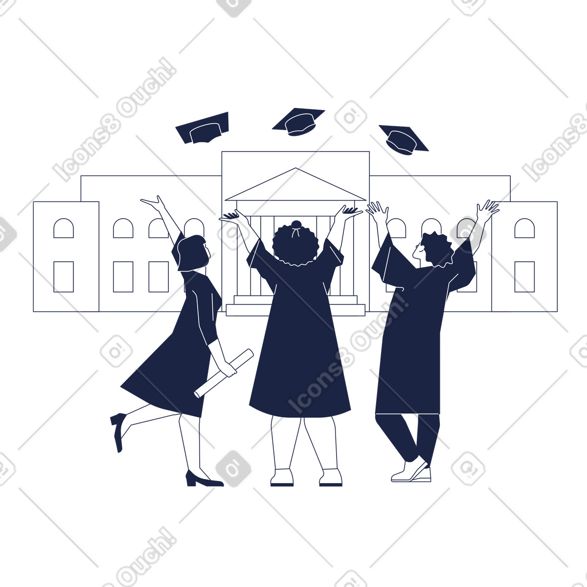 Graduates tossing caps illustration educational clipart university building graphics