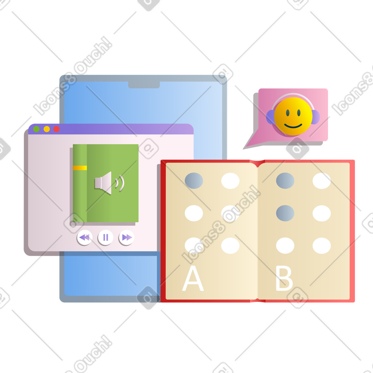 Tablet accessibility features illustration showing screen reader and braille dots clipart PNG SVG GIF