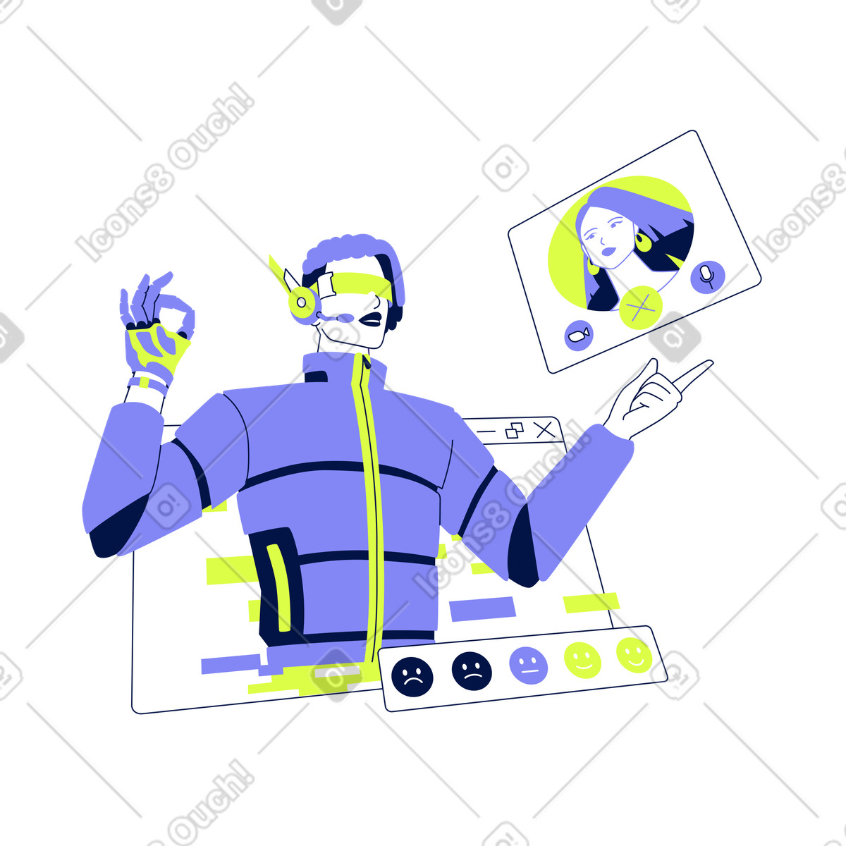 Junger mann im unterstützungsdienst hilft, das problem einer frau zu lösen-Illustration Glow-Stil als Download in PNG, SVG
