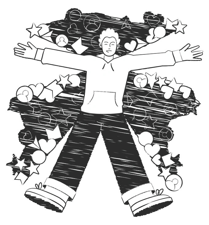 A person with arms outstretched surrounded by shapes - Graphite style illustration