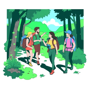 A group of four hikers is walking through a vibrant green forest, surrounded by tall trees with thick trunks and lush leaves. Each hiker is wearing colorful outdoor gear, including backpacks and hiking boots. One hiker is pointing towards a nearby flowering plant, while another is taking a photo with a camera. They are all smiling and engaged in conversation, enjoying the scenery and camaraderie. Sunlight filters through the canopy, casting dappled light on the forest floor, which is covered with rich green moss and scattered with fallen leaves.