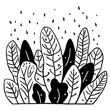 A lush garden filled with various ferns, each one displaying intricate leaf patterns. The ferns are being gently drenched by a soft rain, with numerous droplets collecting and glistening on the surface of the leaves. The background features subtle outlines of additional foliage, creating depth in the scene. The rain falls in a delicate manner, enhancing the serene atmosphere of the garden.