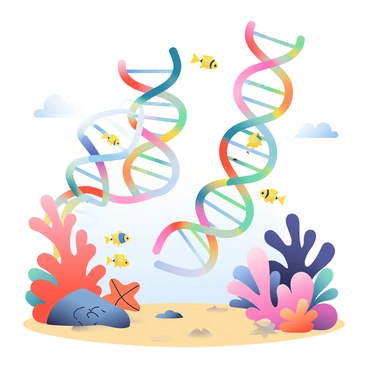 A set of chromosomes, represented as vibrant, swirling strands, is swimming gracefully among colorful coral reefs. The coral formations are in various shades of red, orange, and purple, creating a lively underwater landscape. Surrounding the chromosomes, schools of small, tropical fish in bright yellow and blue are darting playfully. There are also delicate sea anemones swaying gently with the currents, and a starfish rests on a nearby rock, adding to the rich diversity of sea life in the scene. The light filters through the water, casting soft patterns on the sandy ocean floor below.