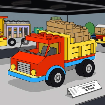 A colorful Lego truck designed with a blocky, playful structure, prominently displayed in a museum exhibit. The truck is constructed from various Lego bricks in bright colors like red, blue, and yellow. It features large, rounded wheels and a flatbed filled with miniature Lego cargo, including tiny crates and tools. The exhibit includes an informational plaque beside the truck that reads "The History of Lego Trucks" in bold, friendly letters. The background is filled with more Lego creations, such as buildings and vehicles, creating a vibrant and engaging atmosphere in the museum space.