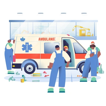 A group of workers is assembling a new ambulance in a large factory setting. Two workers, one with dark skin and short black hair, and another with light skin and curly brown hair, are focused on attaching the ambulance's doors. They are wearing blue overalls and safety goggles. In the background, several other workers are visible, each engaged in different tasks, such as installing medical equipment inside the vehicle and painting the exterior. Bright overhead lights illuminate the factory floor, and various tools and parts are scattered around the workstations, including wrenches and bolts. A large window shows a glimpse of the outside where construction equipment can be seen.