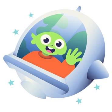 A friendly alien with green skin and large, expressive eyes is waving from the window of a sleek, silver spaceship. The spaceship is departing from Earth, with the blue and green planet visible in the background. The alien has a wide smile, revealing small circular teeth, and is wearing a bright orange jumpsuit. The window is round, and the alien's small hand is raised in a cheerful wave. Stars are scattered across the dark space surrounding the spaceship.