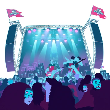 A bustling outdoor metal festival scene with a large stage in the foreground where various bands are performing energetically. The musicians are clad in dark clothing, with long hair and intense expressions, playing guitars and drums under bright stage lights. A diverse crowd of fans is gathered in front of the stage, some waving colorful flags adorned with band logos. Many fans are sporting elaborate face paint in dark colors, depicting skulls and other fierce designs. The atmosphere is vibrant, filled with excitement as people jump and cheer, creating a lively, immersive concert experience.