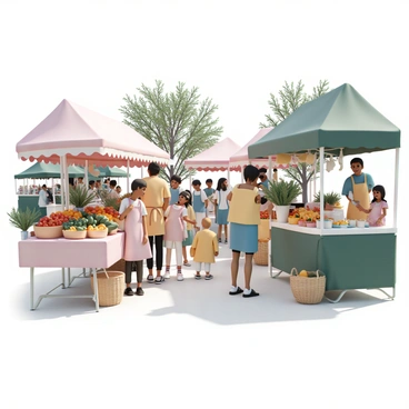 A vibrant farmers market in Fulda, showcasing an array of fresh produce and local crafts. Stalls are filled with colorful fruits and vegetables, including red tomatoes, green bell peppers, and yellow zucchinis. Vendors, wearing aprons and friendly smiles, are engaging with customers, offering samples of fresh herbs and cheeses. Nearby, a table displays handmade crafts such as woven baskets and pottery. Sunlight filters through the leaves of nearby trees, casting dappled light on the bustling scene filled with families and individuals exploring the market.