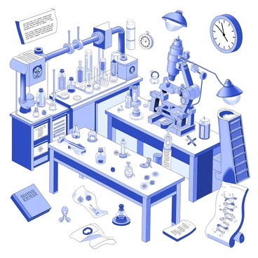 A steampunk laboratory filled with intricate mechanical devices and gadgets. The room features large wooden tables cluttered with glass vials and parchment covered with handwritten genetic codes. A series of brass gears and pipes extend across the walls, connecting various contraptions. At the center, there is a prominent device resembling a microscope with various levers and dials. The space is illuminated by hanging gas lamps casting soft shadows, highlighting the detailed craftsmanship of the machinery. Various books and scrolls are scattered around, some open and displaying illustrations of DNA structures. A vintage clock on the wall ticks softly, adding to the atmosphere of innovation and exploration.