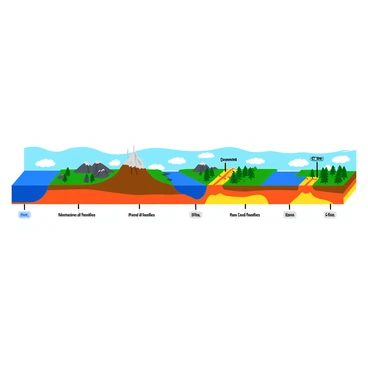 A detailed timeline presenting "the effects of slab pull on Earth's surface over millions of years." The timeline features a horizontal layout with distinct sections for different geological eras. Each section displays "illustrations of tectonic plates" moving and interacting with vibrant colors. The scenes include "subduction zones," where one plate descends beneath another, creating "deep ocean trenches" and "volcanic arcs." Additionally, there are "mountain ranges" forming from the collision of plates and "rift valleys" emerging at divergent boundaries. The background showcases changing landscapes, from oceans to mountains and forests, illustrating the dynamic nature of Earth's surface over time. Each era is labeled with clear titles, providing context to the visual elements.