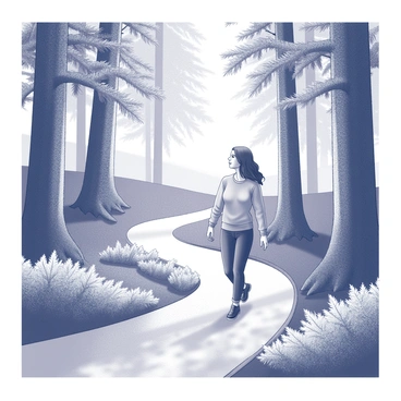 A winding forest path meanders through tall, dense trees. Sunlight filters through the leaves, creating dappled shadows on the ground. A person is walking along the path, with hands relaxed at their sides. They wear comfortable clothing suitable for a leisurely stroll, and their expression reflects contentment and peace. The surrounding vegetation is lush, with ferns and underbrush lining the path. The atmosphere conveys a sense of tranquility, typical of a calm Wednesday.
