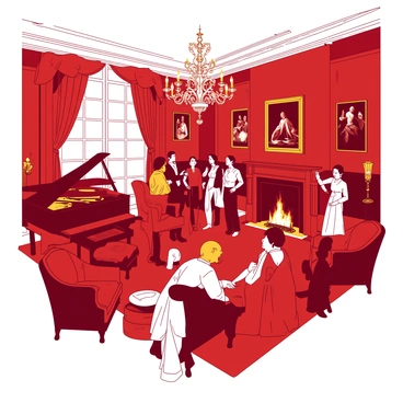 A red opulent Parisian salon is filled with lavish furnishings, including an ornate chandelier hanging from the ceiling and plush velvet armchairs scattered throughout the room. People are gathered in small groups, engaged in lively conversations, with some standing and gesturing animatedly while others are seated, leaning in to listen intently. The walls are adorned with gold-framed paintings, and a grand piano sits in one corner of the room. A large window allows warm light to flood in, illuminating the rich textures and colors of the space.