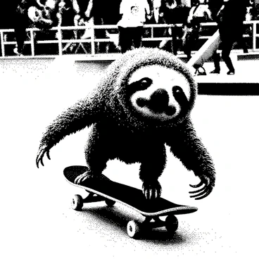 A sloth is balancing on a skateboard in a bustling skate park. It has its long claws gripping the edges of the skateboard. The sloth's fur appears textured and fluffy, and its eyes are wide open in a focused expression. The skateboard is in motion, with one wheel lifted off the ground, creating a dynamic sense of movement. In the background, there are ramps and railings typically found in a skate park. Other skaters can be seen in motion, emphasizing the lively atmosphere of the scene. The sloth's position suggests that it is performing a trick, showcasing its unusual skills.