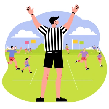 A referee standing on the sidelines of a flag football field, wearing a black and white striped shirt and a black cap. The referee is raising both arms high above their head in a clear, energetic gesture to signal a touchdown. The background shows a grassy field with colorful flags scattered across it and players in jerseys running around. The sky is bright blue with fluffy white clouds, and spectators can be seen in the distance, watching the game.