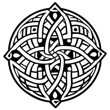 A black-and-white illustration of a mandala featuring intricate Celtic knot designs. The mandala showcases interwoven patterns that create a sense of deep symmetry. Various loops and curves intertwine seamlessly, forming a complex geometric structure. The outer edges of the mandala are embellished with additional knotwork that enhances the overall design. The illustration captures the detailed craftsmanship of the patterns, with fine lines and shading emphasizing the layers of interconnectedness throughout the piece.