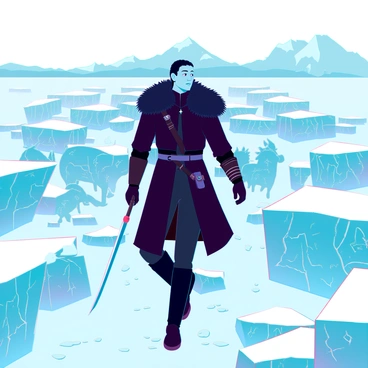 Jon Snow, dressed in his iconic black fur cloak and leather armor, is walking through a vast field filled with intricate ice sculptures. The sculptures take on various forms, including animals and mythical creatures, all glistening in the bright sunlight. The ice has a crystalline texture, reflecting light and creating a spectrum of colors. Snowflakes gently fall around him, landing softly on the ground. In the background, the horizon is dotted with distant mountains, their peaks capped with snow. Jon carries his sword, Longclaw, at his side, his expression serious and contemplative as he navigates through the mesmerizing landscape.