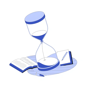 An hourglass is positioned upright on a wooden surface. It features two glass bulbs connected by a narrow neck, with sand flowing steadily from the upper bulb to the lower one. The grains of sand appear to cascade gracefully, creating a visible stream. The hourglass is surrounded by various small scattered objects, such as an open book and a quill, to symbolize the gathering of insights over time. The overall composition highlights the contrast between the flowing sand and the stillness of the items around it, emphasizing the theme of time's passage.