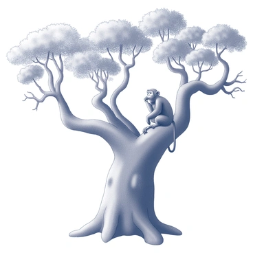 A monkey sitting on a thick branch of a large tree, known as the "Philosopher's Tree." The tree has a wide, sturdy trunk with intricate bark texture and sprawling, twisting branches. The monkey has an expressive face, with its hand resting on its chin and its eyes gazing thoughtfully into the distance. Surrounding the tree are additional branches and leaves, creating a natural canopy overhead. The setting conveys a sense of contemplation and nature's tranquility.