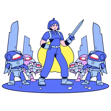 A cyber warrior stands confidently in the center of a dystopian landscape. The warrior is wearing sleek, high-tech armor with glowing blue accents. They hold a futuristic sword in one hand, and their other hand is raised defensively. Surrounding the warrior are several mechanical foes, each with distinct features like metallic bodies and glowing red eyes. The ground is uneven and littered with debris, while towering, crumbling structures loom in the background. A faint glow emanates from the horizon, suggesting an ominous sky.