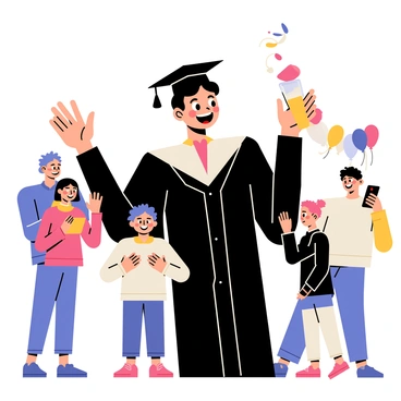 A happy graduate wearing a black cap and gown is raising a glass in celebration. The graduate has a wide smile and is surrounded by family members. One family member is clapping, while another is taking a photo with a smartphone. Colorful decorations, including balloons and streamers, are visible in the background. The scene conveys a joyful graduation celebration, capturing the moment of achievement and togetherness.