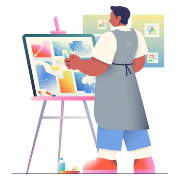 An illustration artist with medium skin and short black hair is standing beside a large easel displaying their portfolio. The portfolio is open wide, showcasing colorful sketches and finished artworks, with vibrant hues of blue, red, and yellow clearly visible. The artist is wearing a gray apron over a white shirt, with a few paint splatters on it. On the ground, there are several art supplies including brushes and a palette filled with paint. Behind the artist, there are framed artworks hanging on the wall, featuring various styles and subjects. The atmosphere is bright and inviting, highlighting the creativity present in the space.