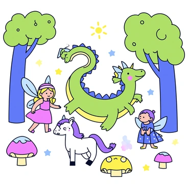 A whimsical muster of fairy-tale creatures gathered in a magical forest
