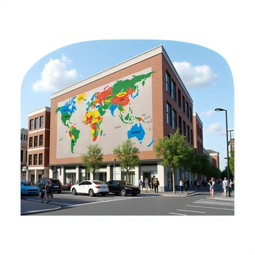 A city street scene featuring a large artistic mural depicting a world map on the side of a multi-story brick building. The mural is vibrant, with various colors illustrating different continents and oceans, complete with labels and symbols representing major cities. The street is lined with modern lamp posts and small trees, while pedestrians can be seen walking by, some stopping to take pictures of the mural. There are parked cars along the curb, and the sky above is clear with a few fluffy clouds.