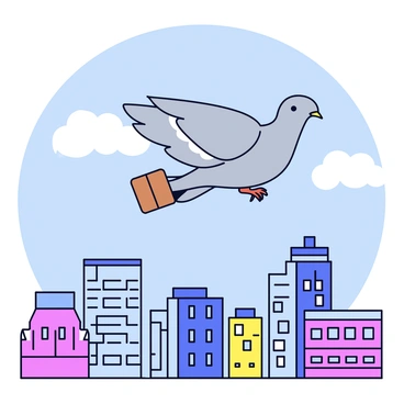 A carrier pigeon with gray feathers and white accents is soaring in the sky. The pigeon has a tiny brown package securely attached to its leg with a thin string. Below, a vibrant cityscape is visible, featuring tall buildings with modern glass facades and classic brick structures. The sky is clear with a few fluffy clouds scattered.