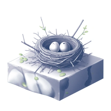 A bird's nest sits securely on a rocky ledge. The nest is composed of twigs and small branches, intricately woven together. Surrounding the nest are small plants and sprouts, indicating the early stages of plant colonization. The rocky surface is rough and textured, contrasting with the delicate nature of the nest. Small fissures in the rock may contain patches of moss and lichen, accentuating the sense of a natural environment in transition. The scene conveys a sense of life and growth emerging from the rocky terrain.