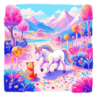 A unicorn with a shiny white coat and a shimmering rainbow mane is trotting through a vibrant landscape made entirely of candy. The ground is covered in a soft layer of multicolored sprinkles. Surrounding the unicorn are towering lollipop trees with vivid red and purple swirls. Flowing nearby is a river of rich brown chocolate, glistening under a bright blue sky. The unicorn's horn sparkles with golden light as it curiously inspects a giant gummy bear sitting at the base of a lollipop tree. In the distance, candy mountains rise, dusted with powdered sugar and adorned with colorful fruit candies.
