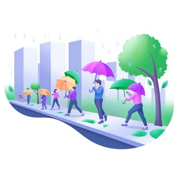 A 2D flat illustration depicting a busy city street during rain. Several people are walking along the sidewalk, each holding colorful umbrellas. The umbrellas are opened, providing shelter from the rain. In the background, tall buildings are visible, with reflections of the umbrellas shimmering on the wet pavement. Puddles are scattered along the street, and raindrops are falling from the sky. A few trees with green leaves line the sidewalk, adding a touch of nature to the urban scene.