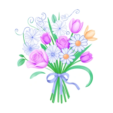 A line drawing of a bouquet of varied flowers tied together