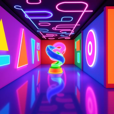 A room illuminated by vibrant neon lights that create various abstract shapes and figures. The ceiling features glowing geometric patterns, including triangles, circles, and spirals. The walls are awash in bright colors that pulse and flicker, casting colorful reflections on the glossy floor. In the center of the room, an oversized neon sculpture twists and turns, resembling a fluid form that captures the eye. The atmosphere is filled with a sense of dynamic movement as the lights shift and change, creating an engaging visual experience.