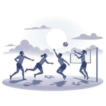 Players engaged in a game of volleyball on the beach. The players are in dynamic poses, jumping and diving to hit the ball. Their silhouettes are clearly defined against the backdrop of a large, round sun setting on the horizon. The sky is filled with an array of cloud formations, capturing the essence of a sunset. The sandy beach is visible beneath their feet, along with scattered beach towels and a net set up for the game.