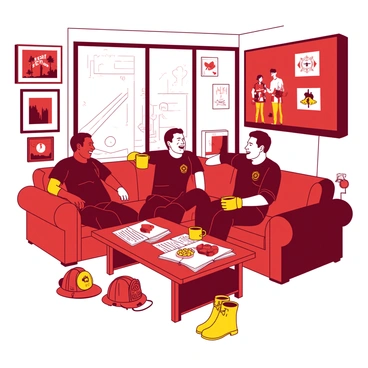 A group of firefighters in a common room of a fire station is taking a break. There are three firefighters sitting on a red couch, laughing and sharing stories. One firefighter is holding a yellow mug filled with coffee, while another is resting an arm casually over the back of the couch. In the background, a wall is adorned with various fire department memorabilia and photographs. A large window allows natural light to stream in, illuminating a wooden table in front of the couch, which is cluttered with snacks and a few magazines. On the floor, a firefighter's helmet rests next to a pair of sturdy yellow boots. A wall-mounted television is playing a sports game quietly in the corner.