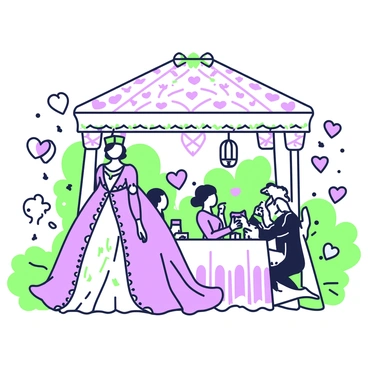 The "queen of hearts" stands elegantly in an "enchanted pavilion" that is adorned with prominent "heart motifs." She wears a lavish gown that flows gracefully, featuring intricate details that reflect her royal status. Surrounding her are guests engaged in conversation, seated at beautifully arranged tables with "heart-shaped" decorations. The pavilion is set in a lush garden, with green foliage surrounding it, and soft lighting illuminating the scene. Above, there are delicate hanging lanterns shaped like hearts, adding to the magical ambiance of the gathering.