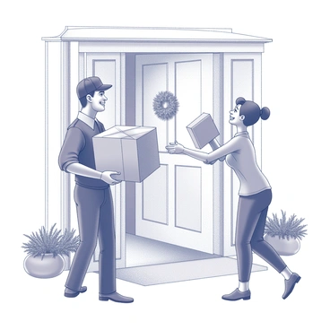 A mailman stands at a front door, holding a large package in both hands. The recipient, with a broad smile on their face, reaches out eagerly to accept the package. The front door features a decorative wreath, and the house has a welcoming porch with potted plants on either side. The scene conveys a sense of anticipation and joy as the package is about to be exchanged.
