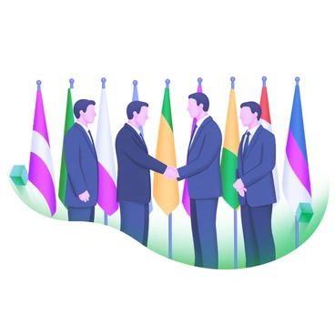A group of diplomats shaking hands with each other in a formal setting. They are standing in front of a row of flags representing various countries, with each flag clearly visible and in vibrant colors. The diplomats are dressed in tailored suits, exuding professionalism and unity. The scene conveys a sense of cooperation and diplomacy, with an emphasis on the handshake as a gesture of agreement and partnership.