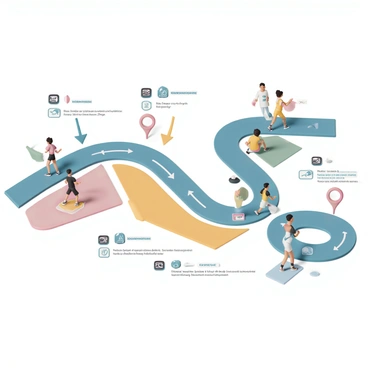 A detailed illustrated map of a relay race course, featuring a winding path that includes various checkpoints marked clearly. Each checkpoint is labeled with a unique "number" and a visual icon representing its significance, such as a "water station" symbol or a "team changeover" sign. Surrounding the course, distinct areas show team strategies and colors, with arrows indicating direction and movement. Different zones are shaded in vibrant colors to represent various teams, and runners are depicted in motion at specific checkpoints, showcasing their dynamic poses. The map includes a legend that explains the symbols and colors used throughout the design.